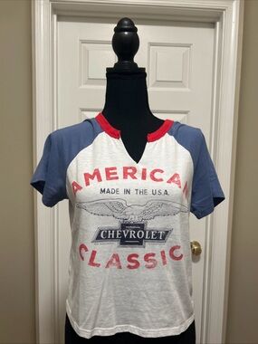 Hybrid Apparel White Tee with Red Trim and Blue Sleeves
